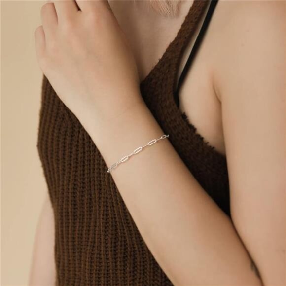 BRIJEWNES 925 Sterling Silver Clasp 3mm Paperclip Chain Bracelets for Women - Picture 4 of 7